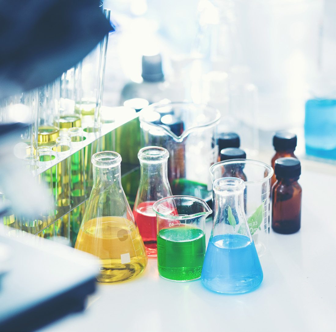 Laboratory flasks of coloured reagents